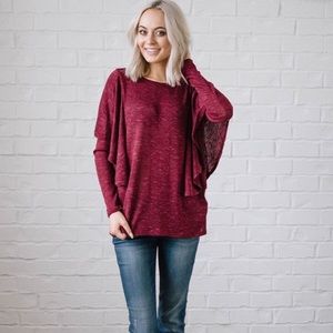 Ruffle Bat top in Burgundy